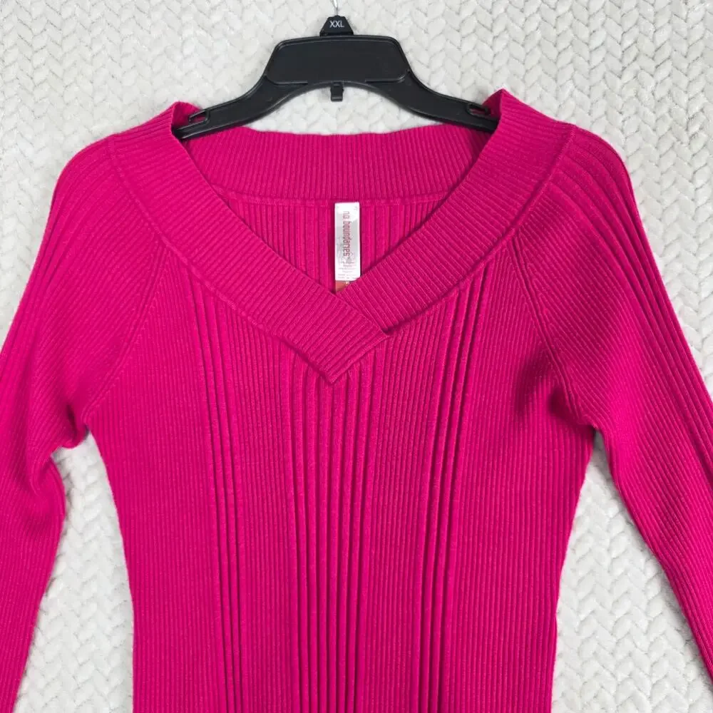 No Boundaries Fuchsia Ribbed Knit Long Sleeve Juniors XL V-Neck Stretch Casual